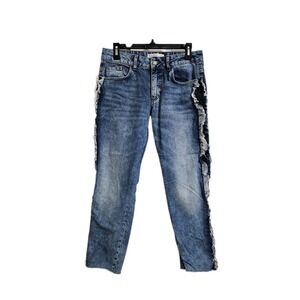 Zara Basic Z1975 Denim Boho Fringe Ankle Jeans Women 6 (30x26) Blue Raw Hem NWOT